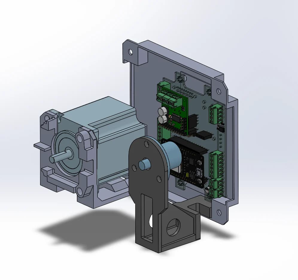 Open enclosure CAD showing the motor, electronics, shaft support, and internal mounting plate