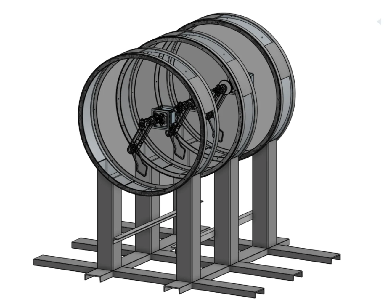 CAD model of the complete three-ring Rhythms of Chaos installation and support frame