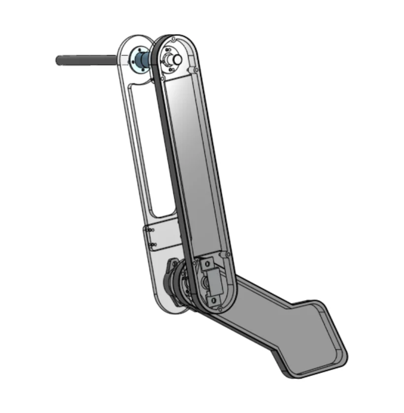 CAD assembly of the double pendulum, showing the open upper links, pivot shafts, and lower arm